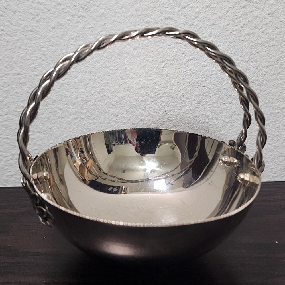 Vintage Inarco Italy Silver Plated Basket Bowl Twisted Handle Sunflower Floral